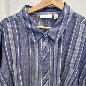 Susan Graver Blue XL Petite Striped Linen Flax Button Roll Tab Top